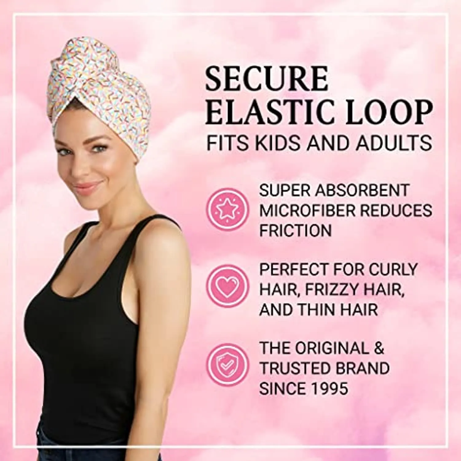 Turbie Twist Microfiber Hair Towel Wrap for Women and Men | 2 Pack | Bathroom Essential Accessories | Quick Dry Hair Turban for Drying Curly, Long & Thick Hair (Cupcakes, Sprinkles)