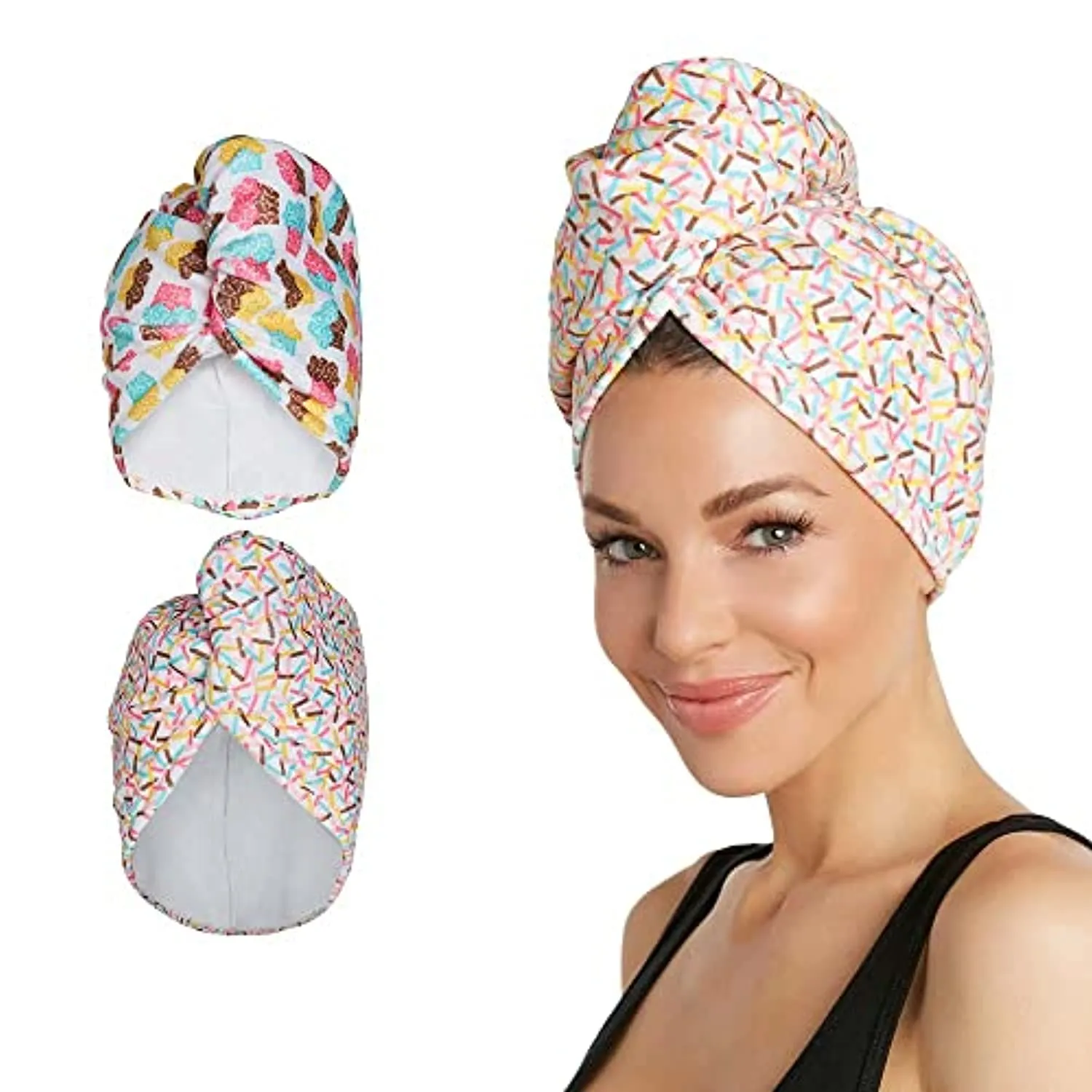 Turbie Twist Microfiber Hair Towel Wrap for Women and Men | 2 Pack | Bathroom Essential Accessories | Quick Dry Hair Turban for Drying Curly, Long & Thick Hair (Cupcakes, Sprinkles)