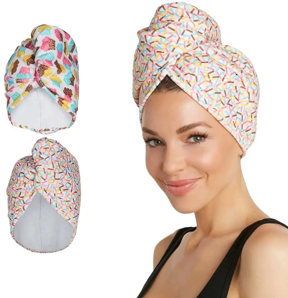 Turbie Twist Microfiber Hair Towel Wrap for Women and Men | 2 Pack | Bathroom Essential Accessories | Quick Dry Hair Turban for Drying Curly, Long & Thick Hair (Cupcakes, Sprinkles)