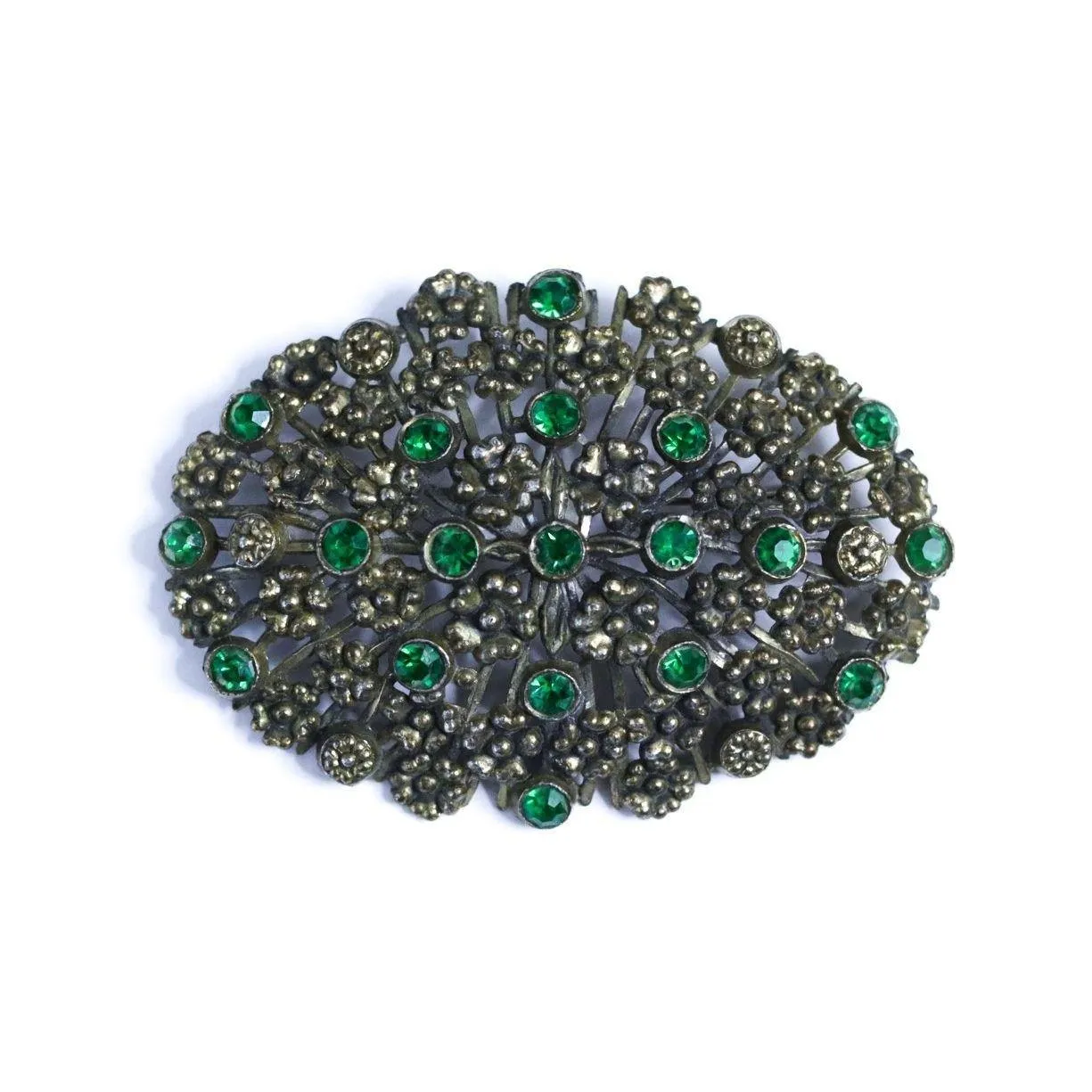 Vintage Large Green Brass Pot Metal Brooch with Embossed Floral Design and Green Rhinestone Accents