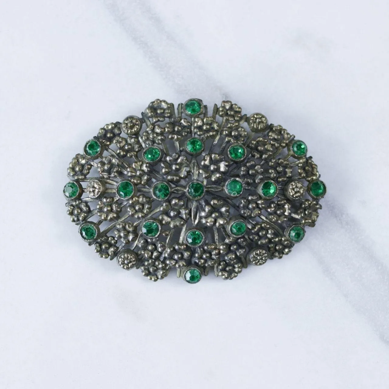 Vintage Large Green Brass Pot Metal Brooch with Embossed Floral Design and Green Rhinestone Accents