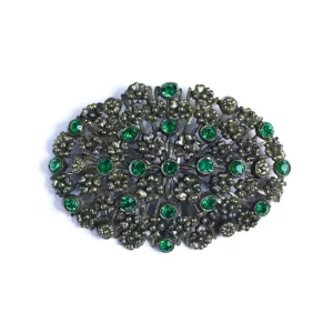 Vintage Large Green Brass Pot Metal Brooch with Embossed Floral Design and Green Rhinestone Accents