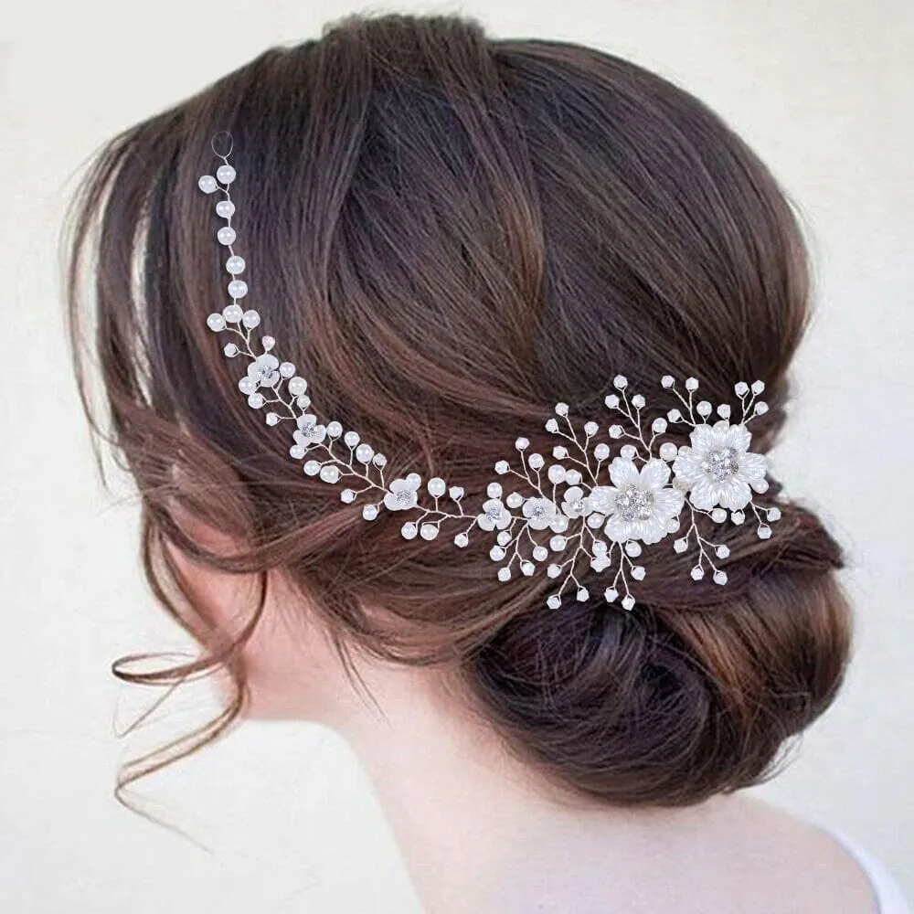 Wedding Pearl Hair Vine, Bridal Pearl Hair Wire Headband, Floral Head Wreath Hairpiece, Crystal Flower Hair Wire