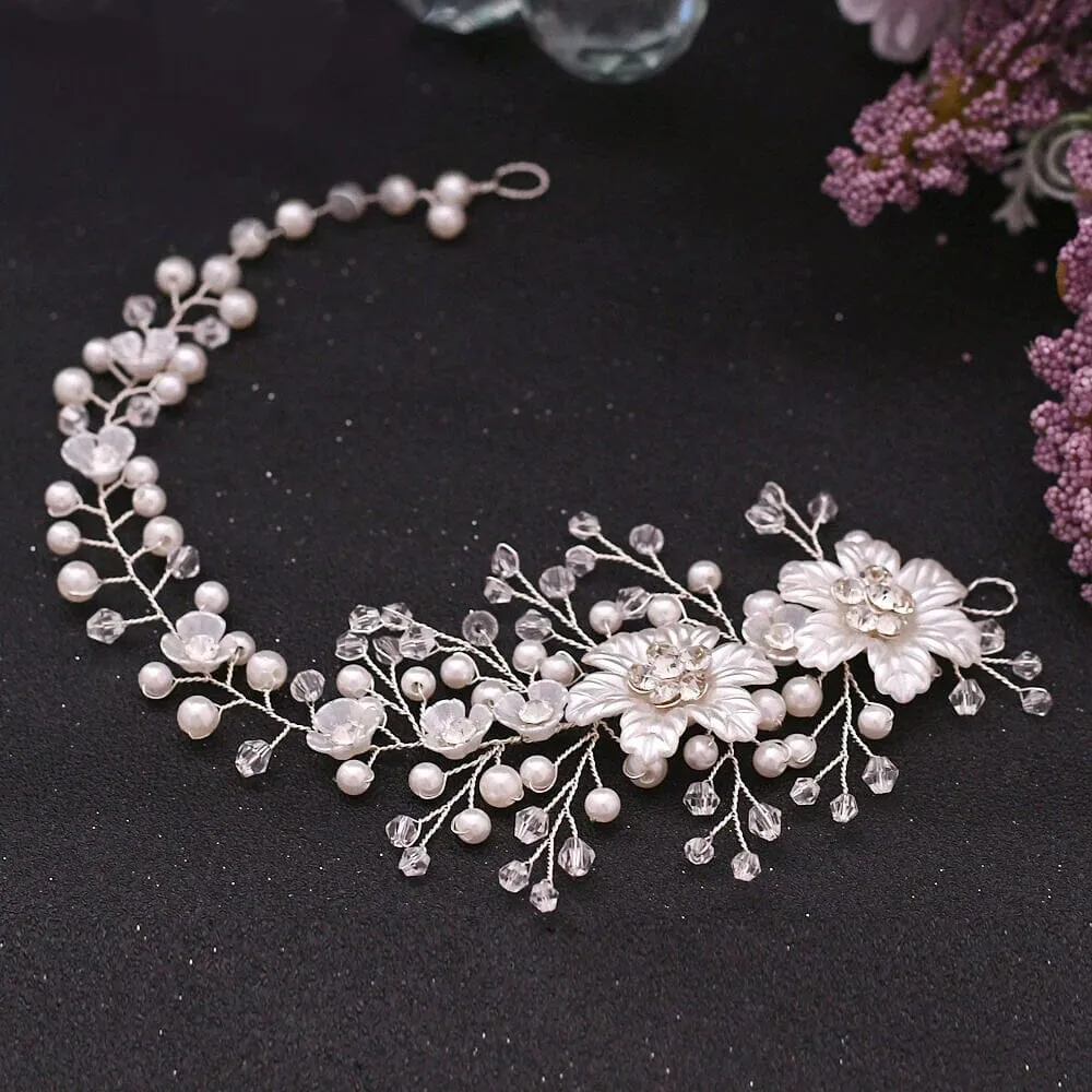 Wedding Pearl Hair Vine, Bridal Pearl Hair Wire Headband, Floral Head Wreath Hairpiece, Crystal Flower Hair Wire
