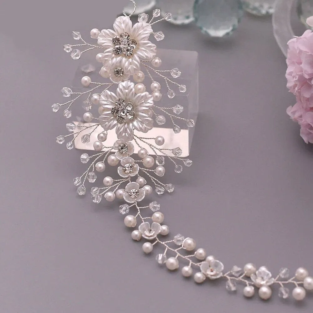 Wedding Pearl Hair Vine, Bridal Pearl Hair Wire Headband, Floral Head Wreath Hairpiece, Crystal Flower Hair Wire