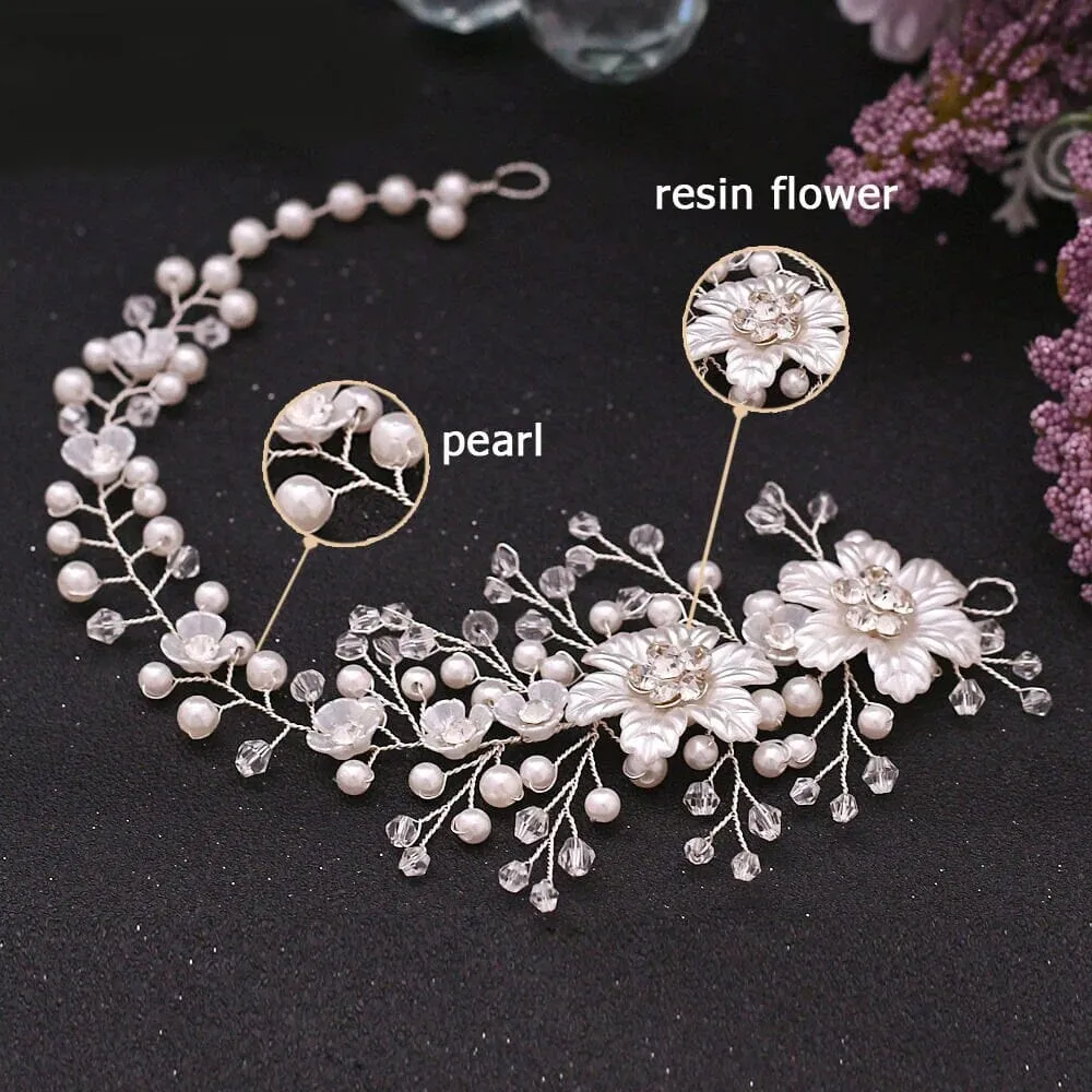 Wedding Pearl Hair Vine, Bridal Pearl Hair Wire Headband, Floral Head Wreath Hairpiece, Crystal Flower Hair Wire