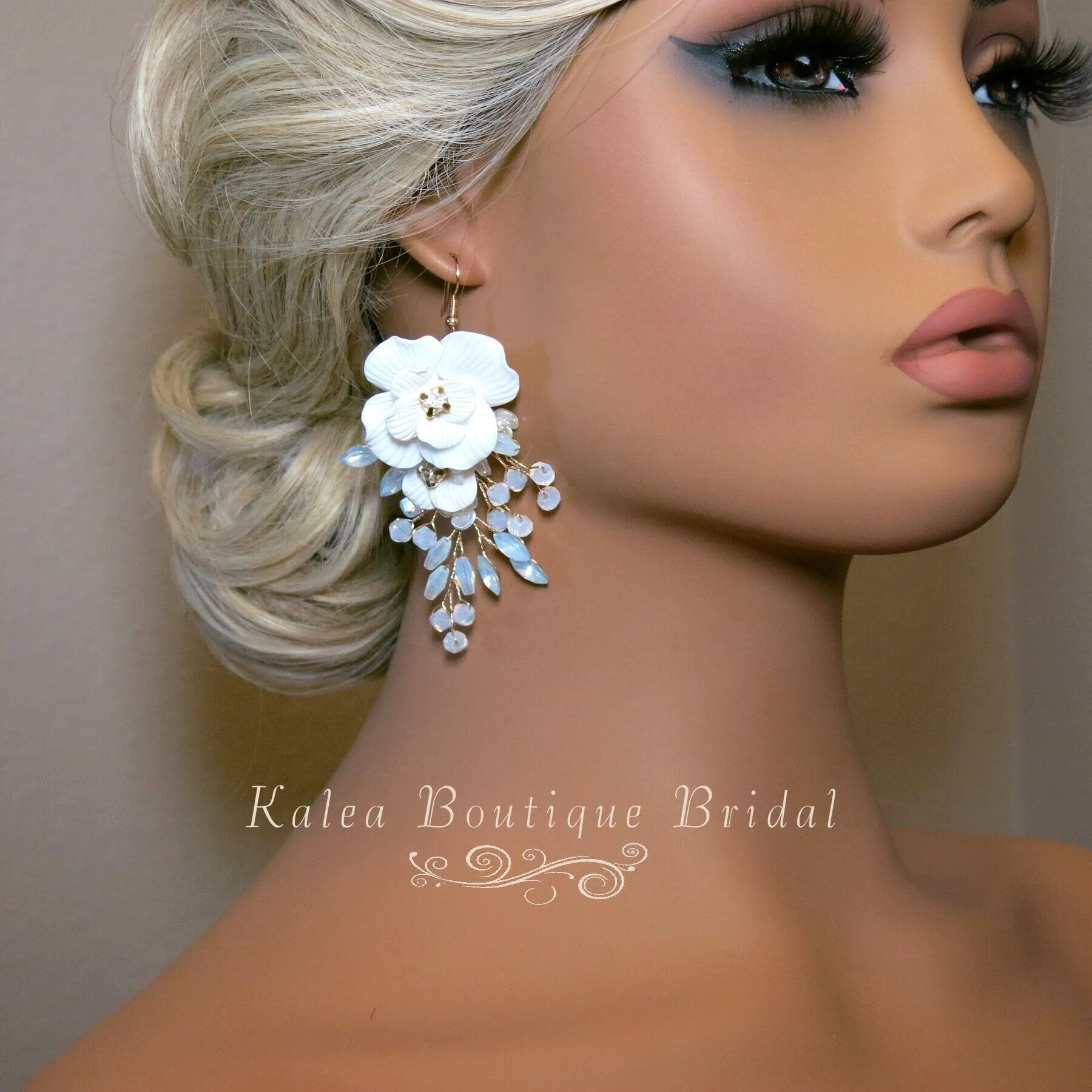 White Flower Large Dangle Earrings, Milky Opal Style Crystal Wedding Earrings, Bridal Big Rose Floral Earrings