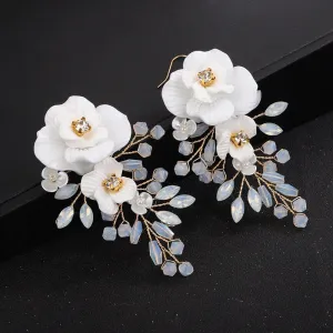 White Flower Large Dangle Earrings, Milky Opal Style Crystal Wedding Earrings, Bridal Big Rose Floral Earrings