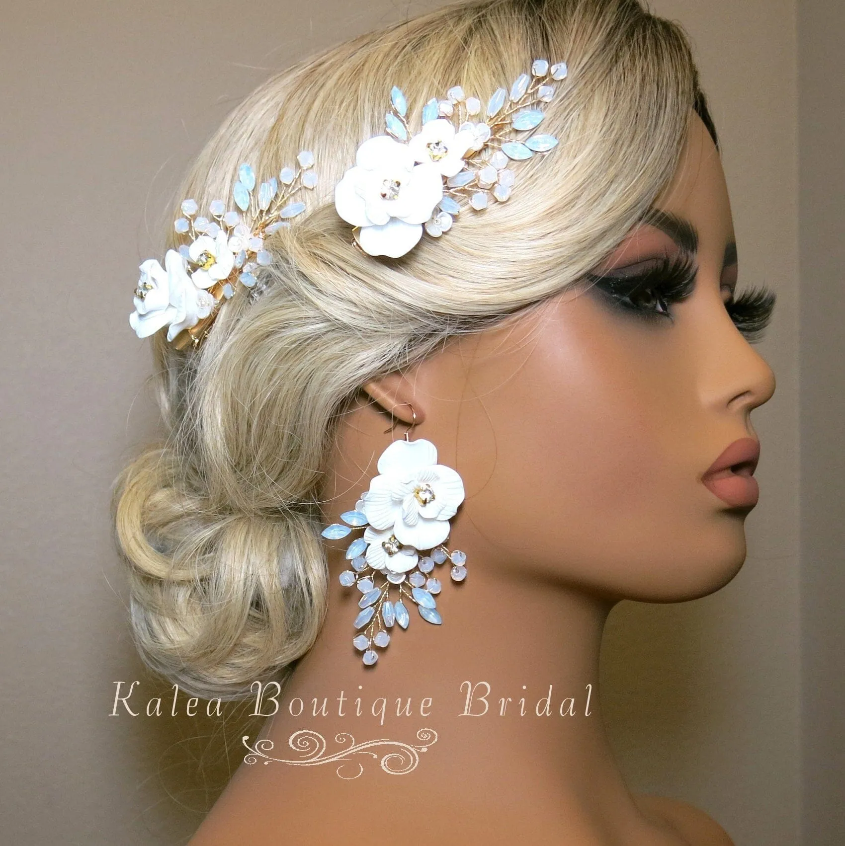 White Flower Large Dangle Earrings, Milky Opal Style Crystal Wedding Earrings, Bridal Big Rose Floral Earrings