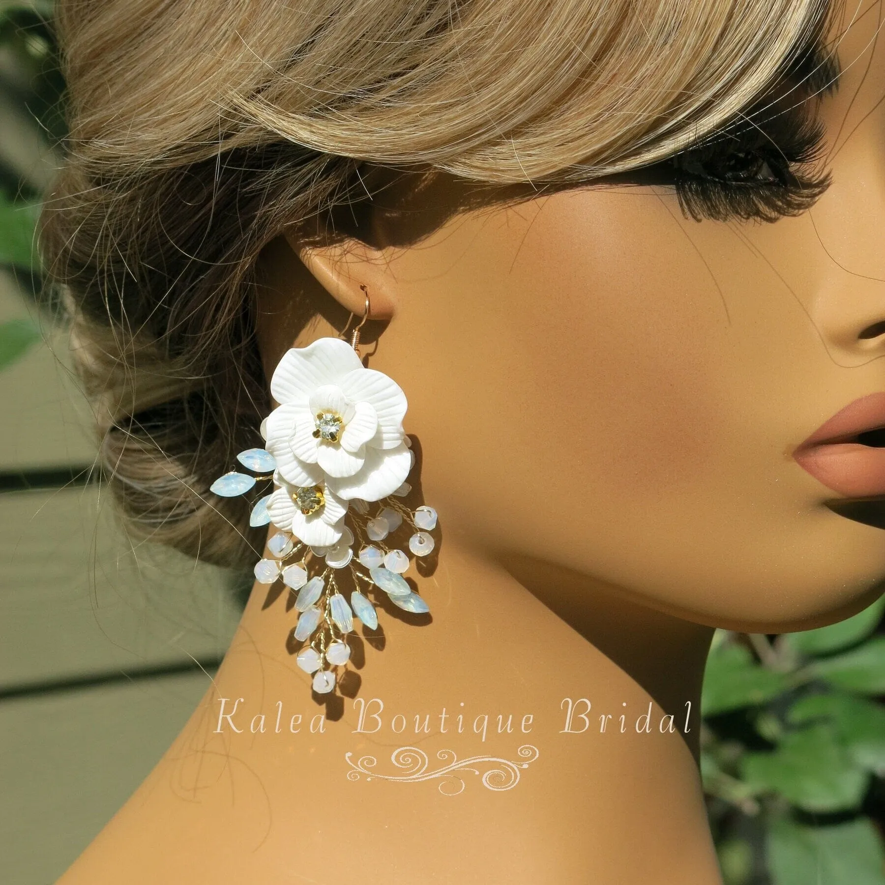 White Flower Large Dangle Earrings, Milky Opal Style Crystal Wedding Earrings, Bridal Big Rose Floral Earrings