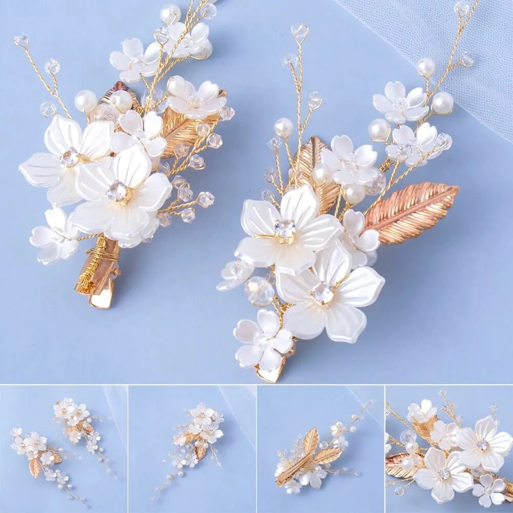 White Pearl Flower 2 PC Hairclip Set, Wedding Floral Hairclips, Bridal or Prom White Flower Hairpiece