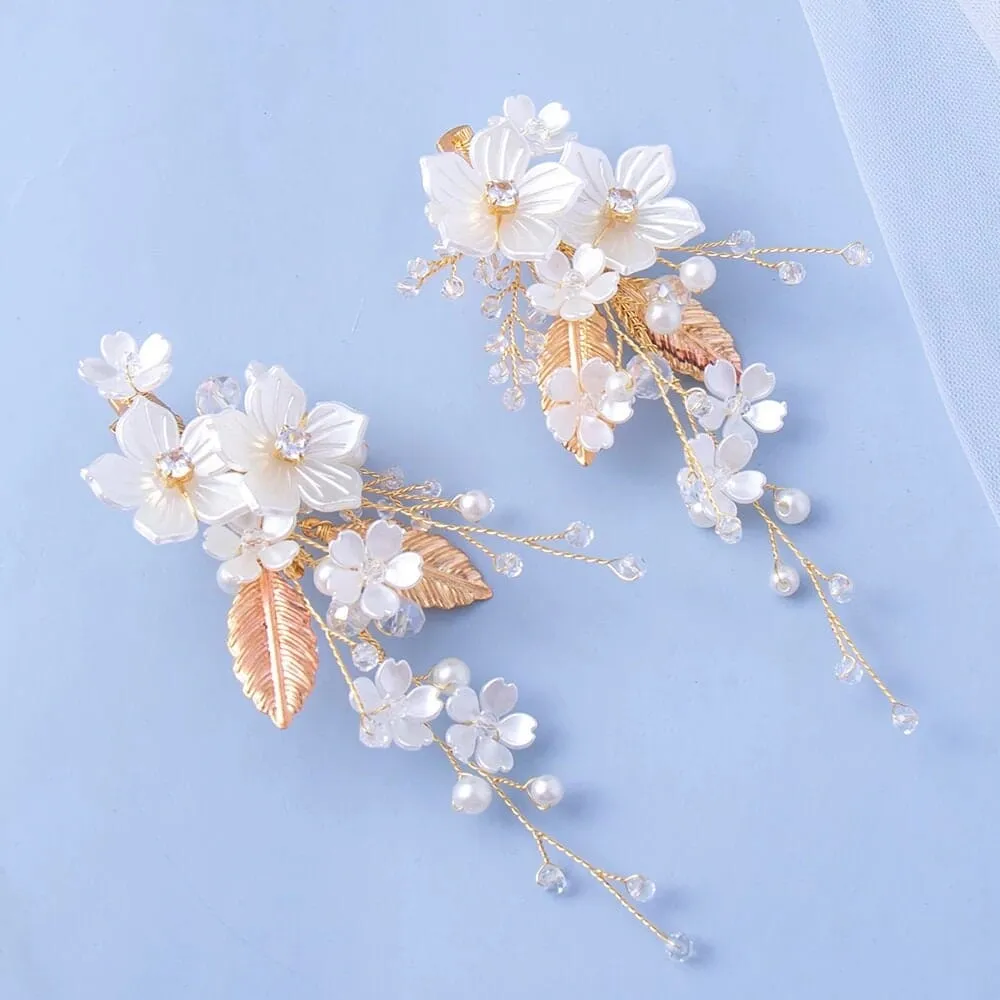 White Pearl Flower 2 PC Hairclip Set, Wedding Floral Hairclips, Bridal or Prom White Flower Hairpiece