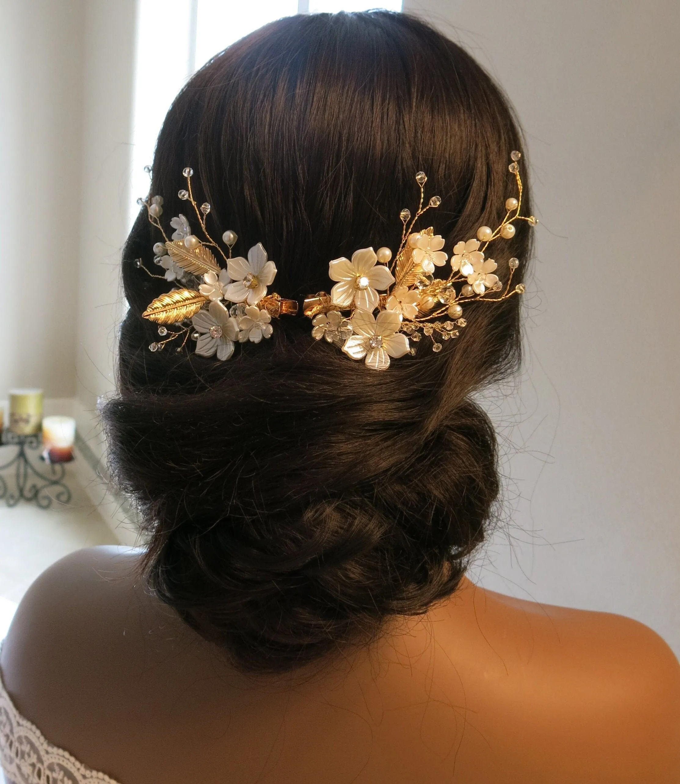 White Pearl Flower 2 PC Hairclip Set, Wedding Floral Hairclips, Bridal or Prom White Flower Hairpiece