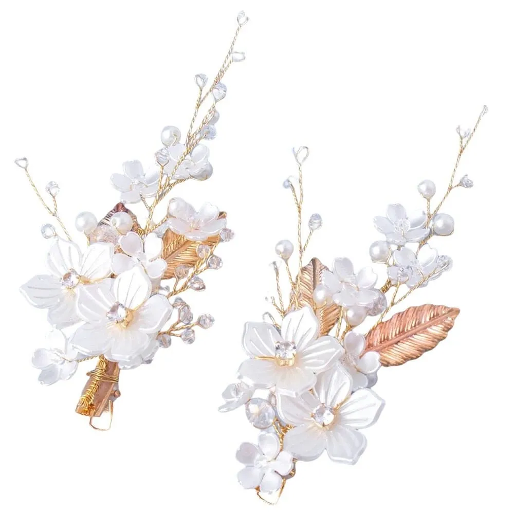 White Pearl Flower 2 PC Hairclip Set, Wedding Floral Hairclips, Bridal or Prom White Flower Hairpiece