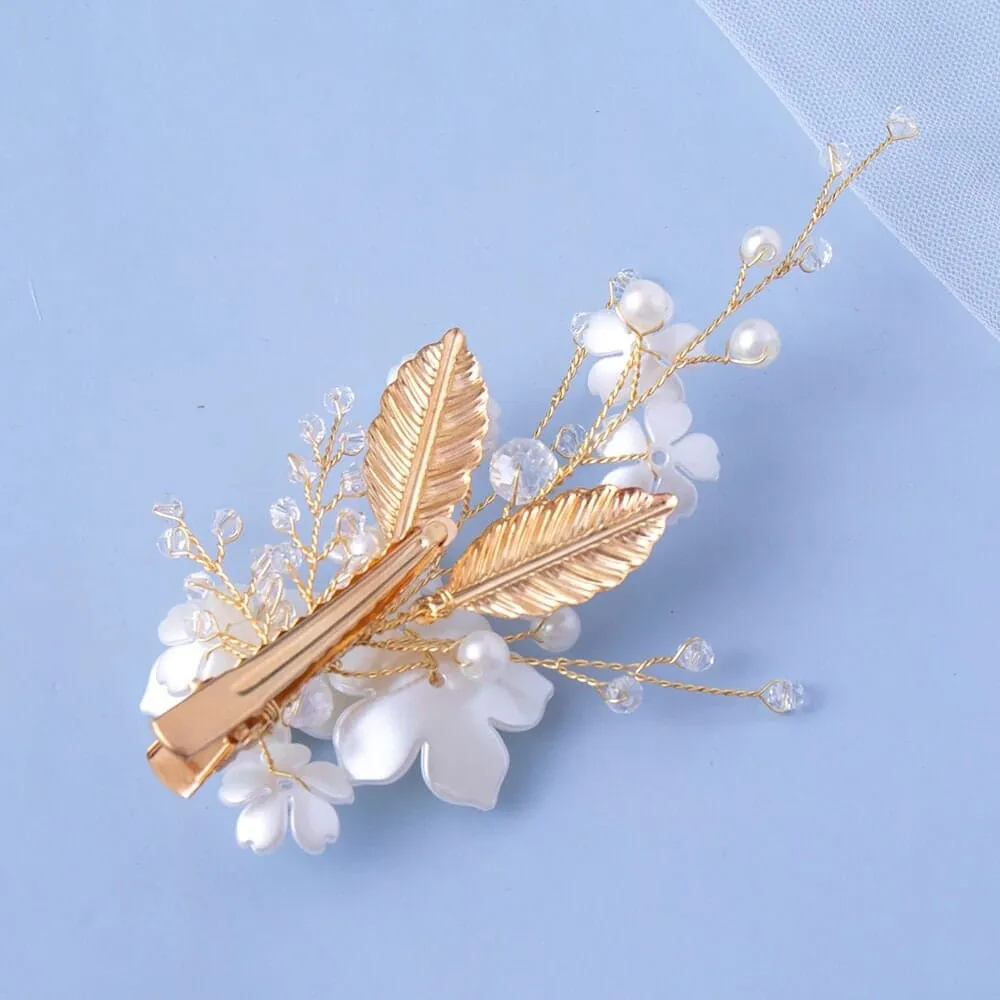 White Pearl Flower 2 PC Hairclip Set, Wedding Floral Hairclips, Bridal or Prom White Flower Hairpiece