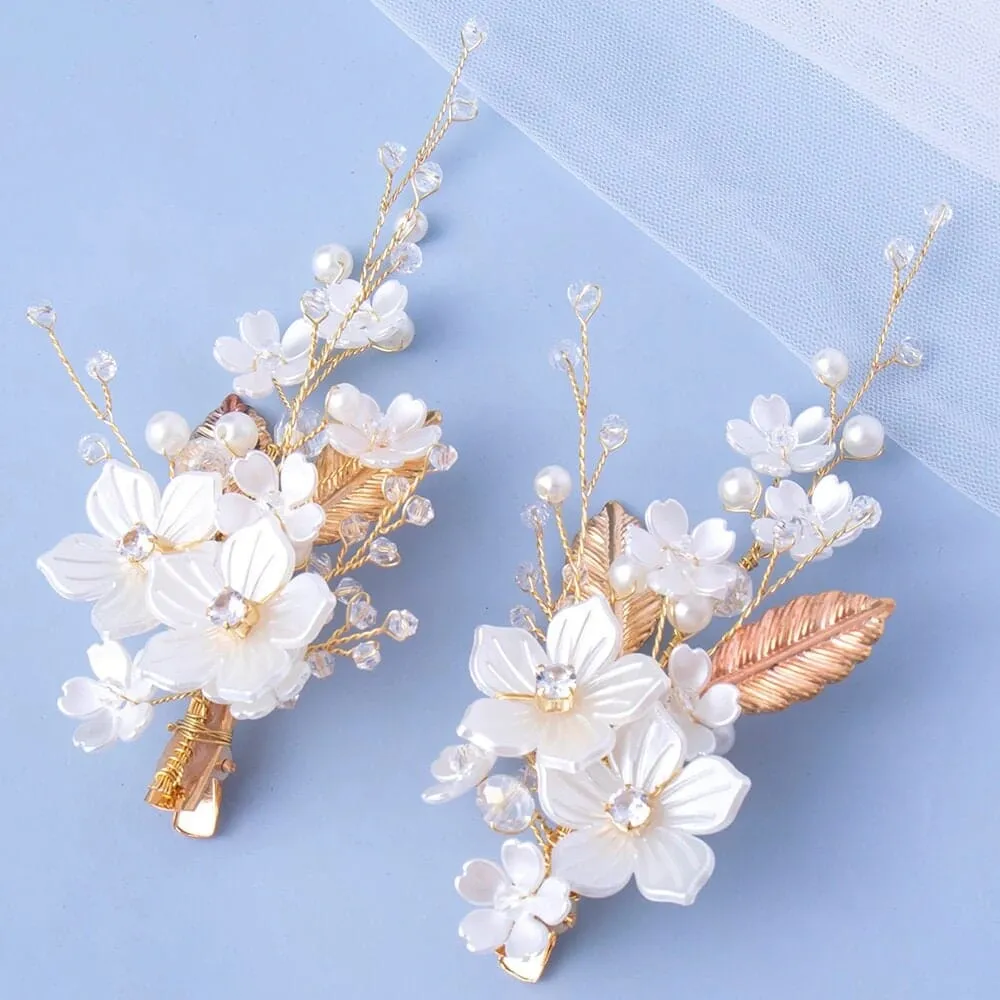 White Pearl Flower 2 PC Hairclip Set, Wedding Floral Hairclips, Bridal or Prom White Flower Hairpiece