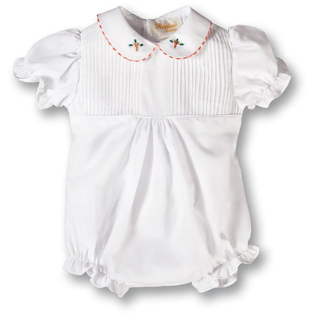 White Pintuck Girl Bubble w/Orange Gingham Trim Embroidered Collar