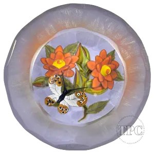 William Manson 2024 Art Glass Paperweight Compound Flamework Butterfly with Orange Flowers