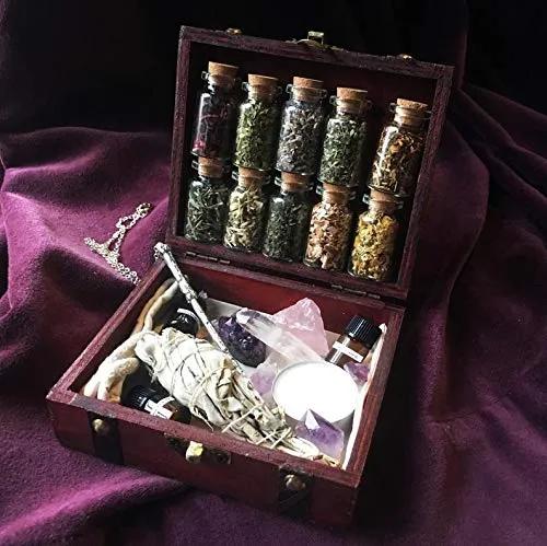 Witchcraft Travel Kit Travel Altar kit Potion Making kit Travel Apothecary kit Crystal Witchcraft Potion kit Wooden Box Witch kit sage Incense Rose Quartz Crystals sage Bundles palo Santo