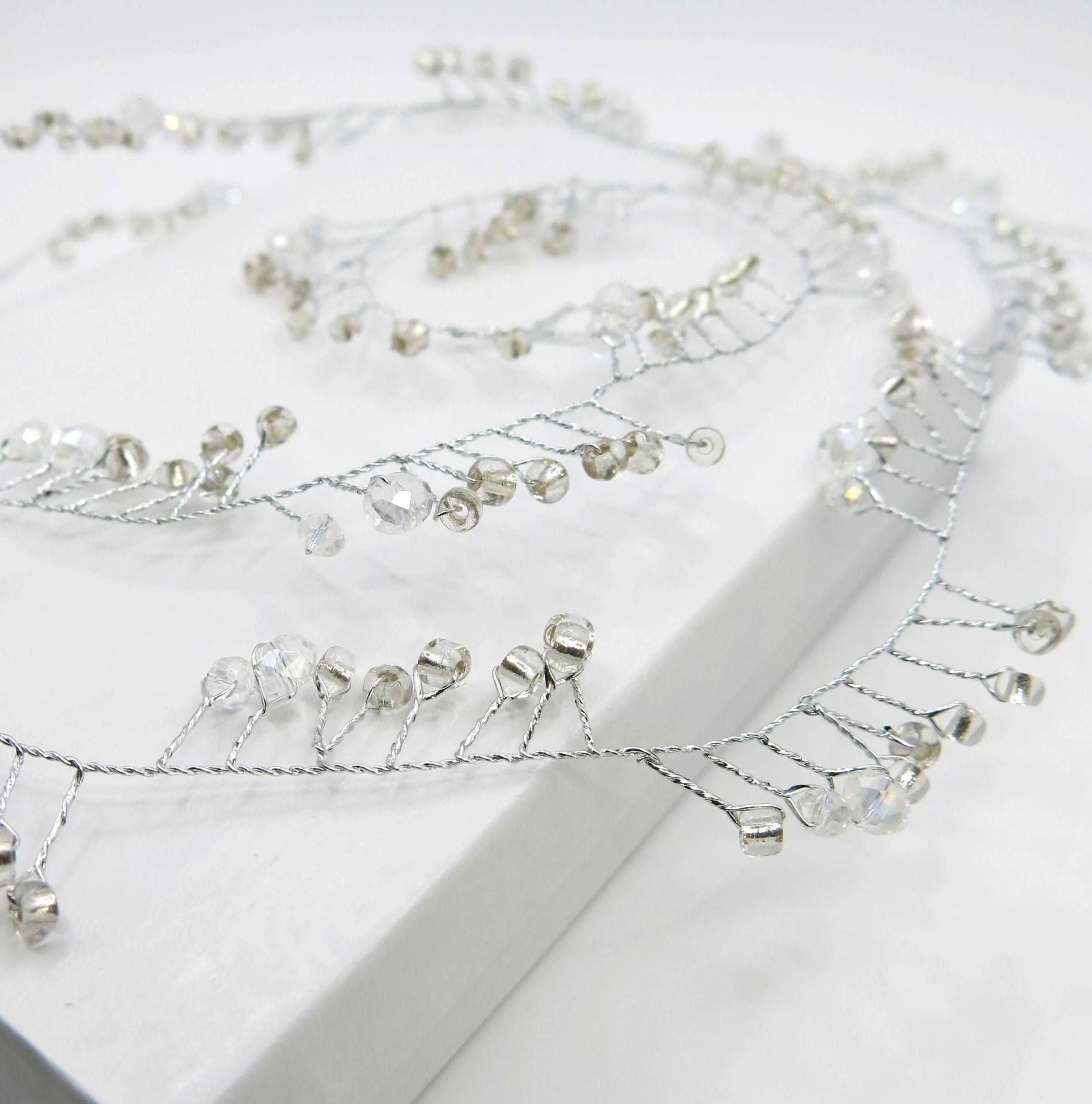 X-Long Silver Hair Vine, Crystal Bead Long Hair Wire Head Wreath, Wedding Silver Headband Gem Hairpiece