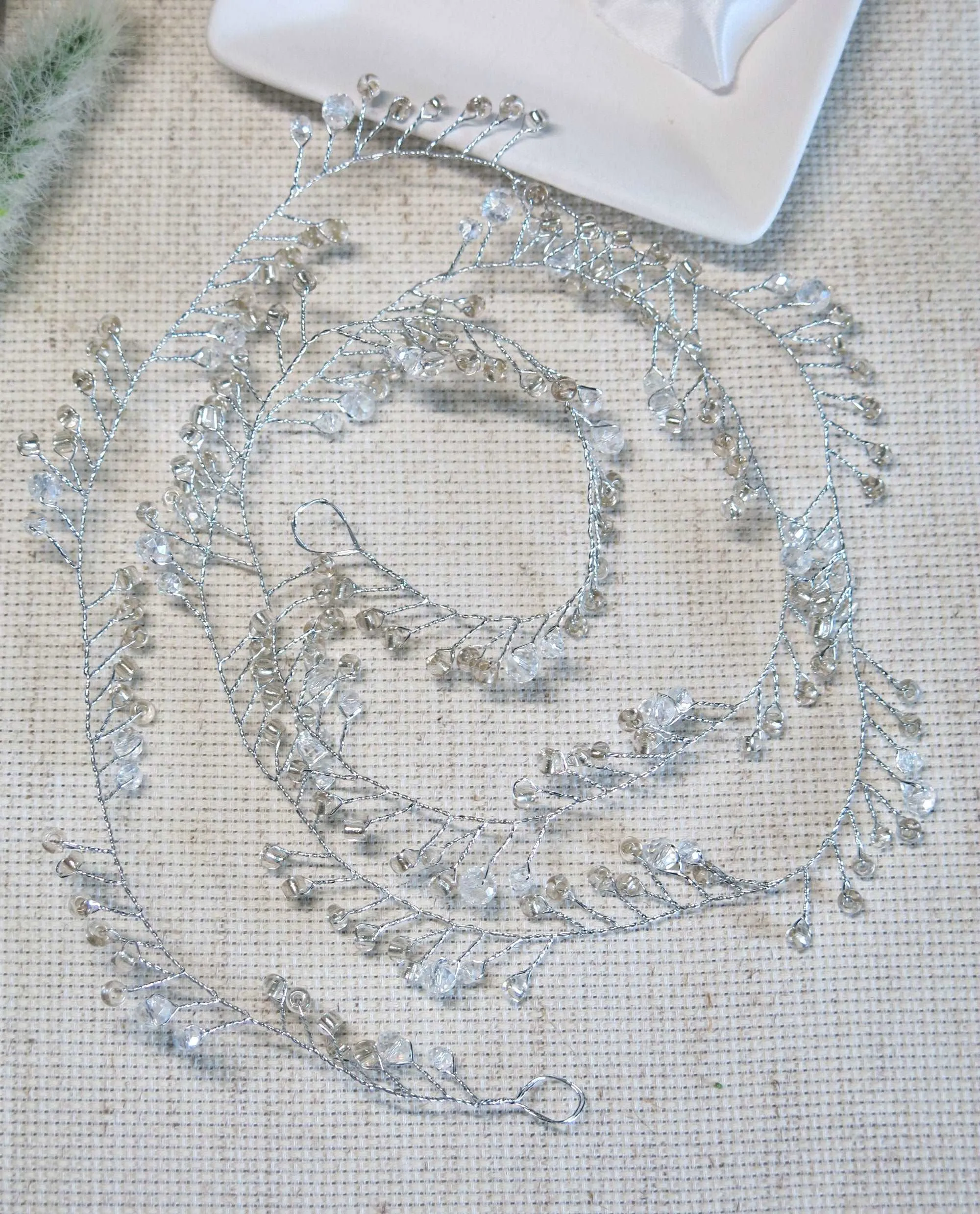 X-Long Silver Hair Vine, Crystal Bead Long Hair Wire Head Wreath, Wedding Silver Headband Gem Hairpiece