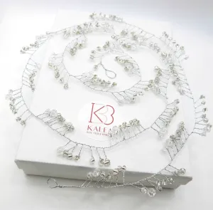 X-Long Silver Hair Vine, Crystal Bead Long Hair Wire Head Wreath, Wedding Silver Headband Gem Hairpiece