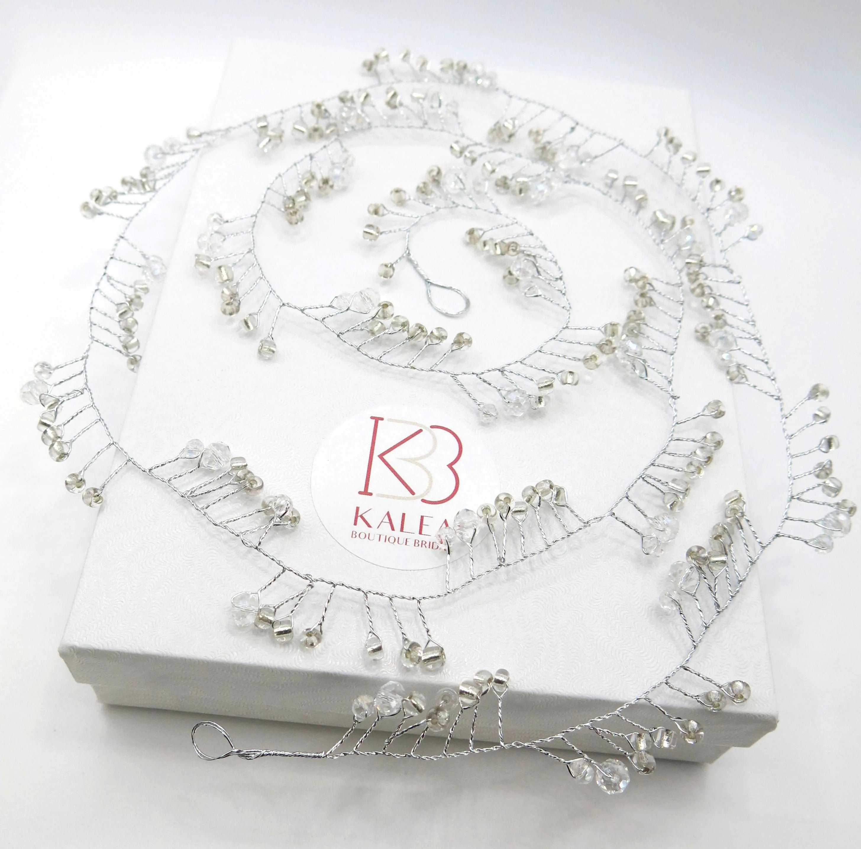 X-Long Silver Hair Vine, Crystal Bead Long Hair Wire Head Wreath, Wedding Silver Headband Gem Hairpiece