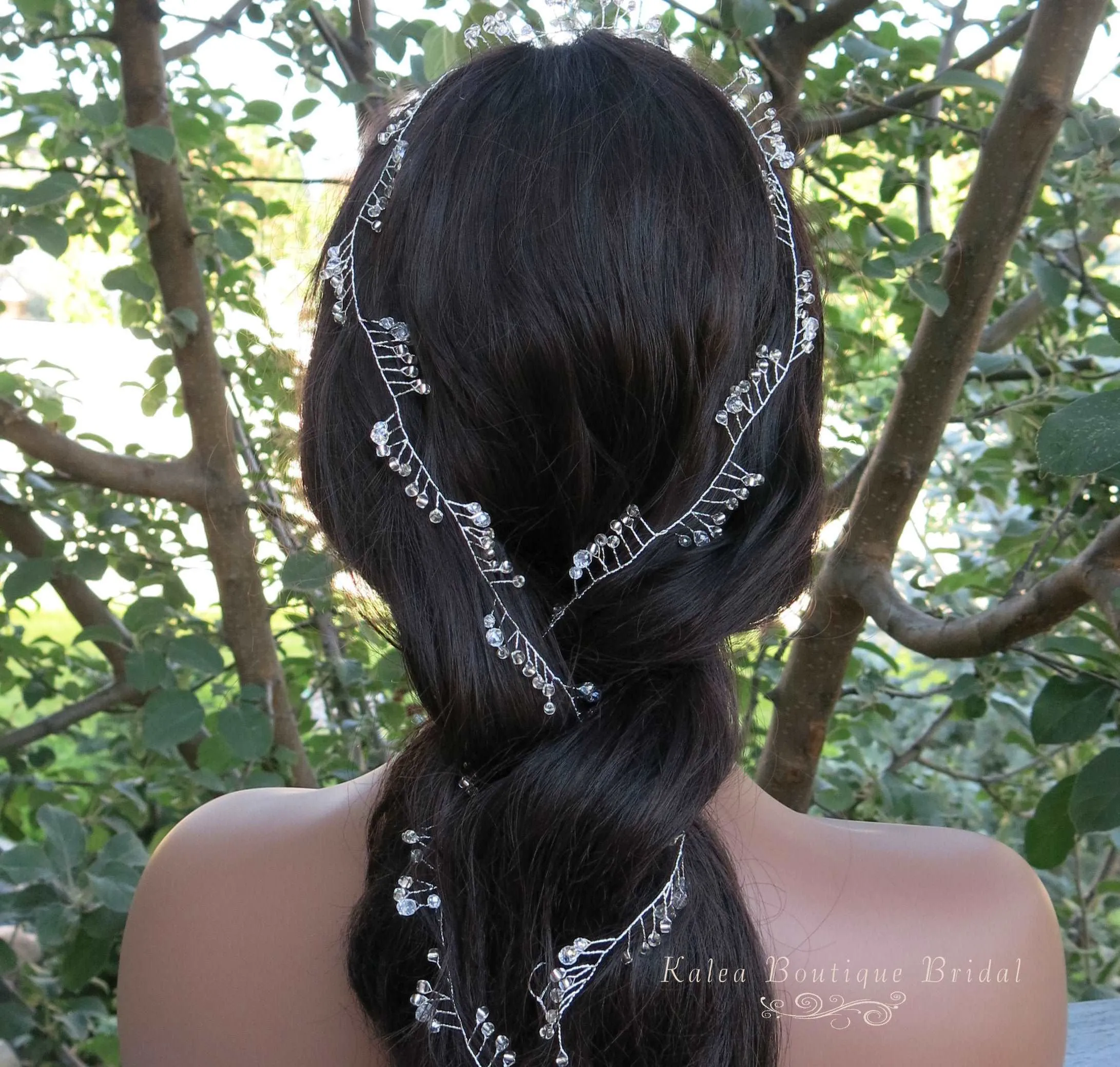 X-Long Silver Hair Vine, Crystal Bead Long Hair Wire Head Wreath, Wedding Silver Headband Gem Hairpiece