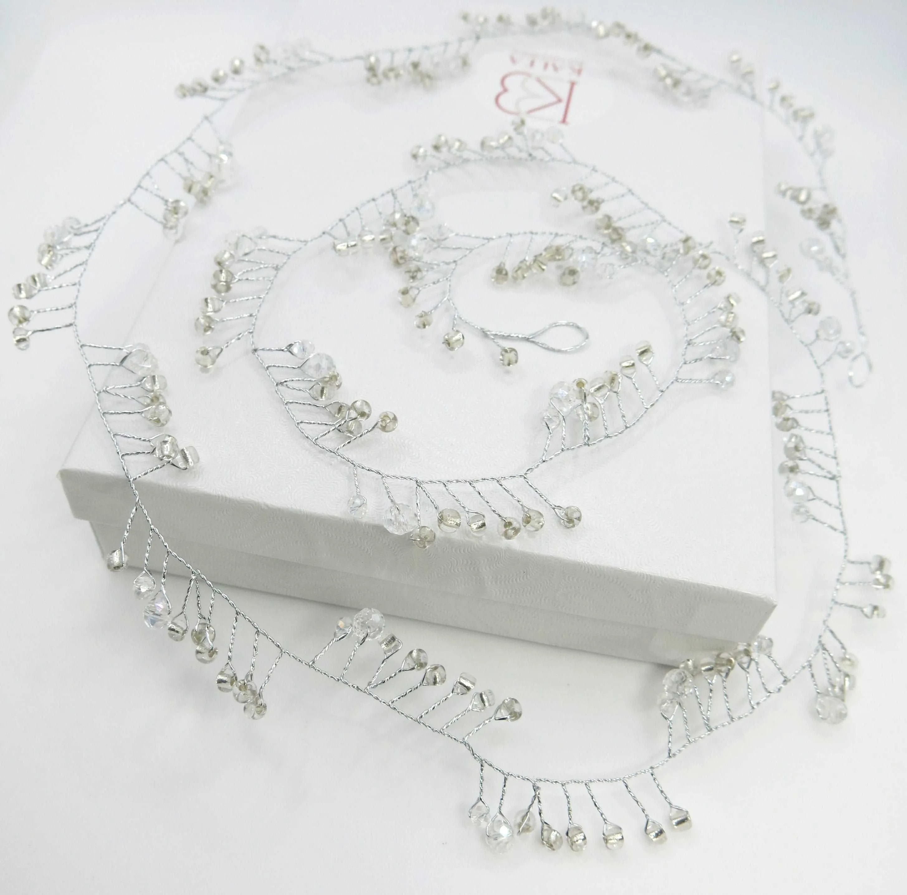 X-Long Silver Hair Vine, Crystal Bead Long Hair Wire Head Wreath, Wedding Silver Headband Gem Hairpiece
